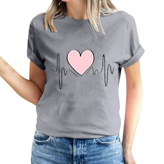 Jalioing Women's Valentine's Day Tops Short Sleeve Pullover Top Crewneck Solid Color Hearts Print Basic Shirt (Large, Gray)