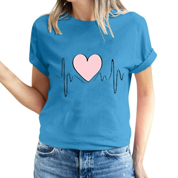 Jalioing Women's Valentine's Day Tops Short Sleeve Pullover Top Crewneck Solid Color Hearts Print Basic Shirt (Small, Blue)