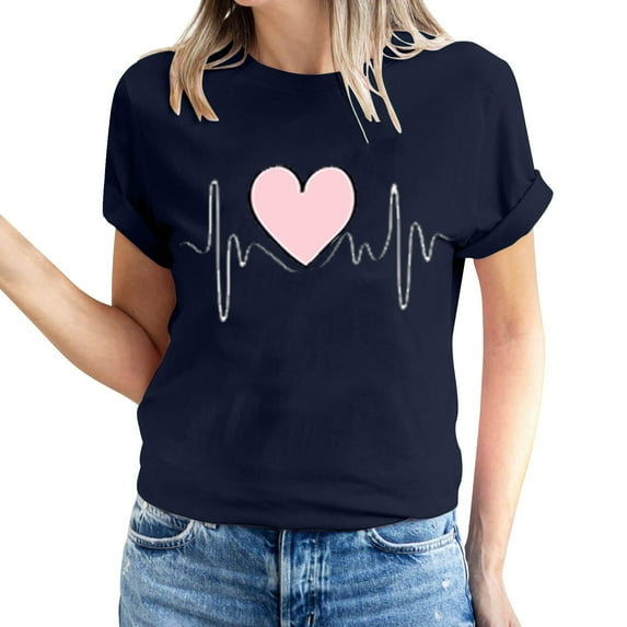 Jalioing Women's Valentine's Day Tops Short Sleeve Pullover Top Crewneck Solid Color Hearts Print Basic Shirt (XX-Large, Navy)