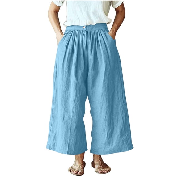 Jalioing Women's Wide Leg Trousers Baggy Elastic Waist Button Pants Casual Loose Summer Vacation Beach Pants
