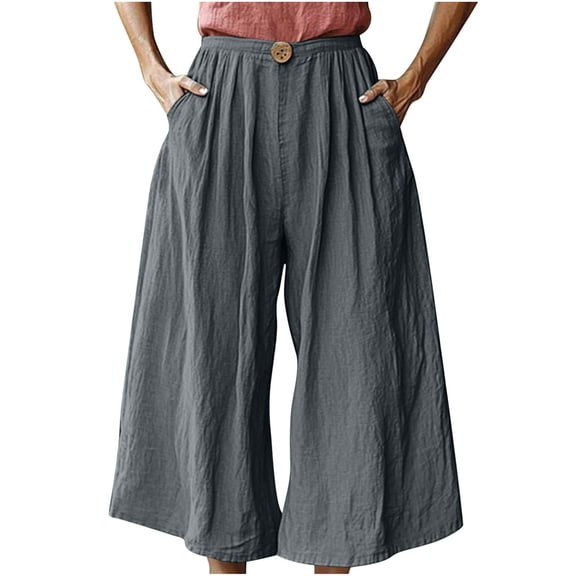 Jalioing Women's Wide Leg Trousers Baggy Elastic Waist Button Pants Casual Loose Summer Vacation Beach Pants
