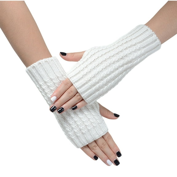Jalioing Women's Winter Knit Arm Warmer Soft Warm Thumb Hole Long Fingerless Gloves Solid Color Glove Mittens