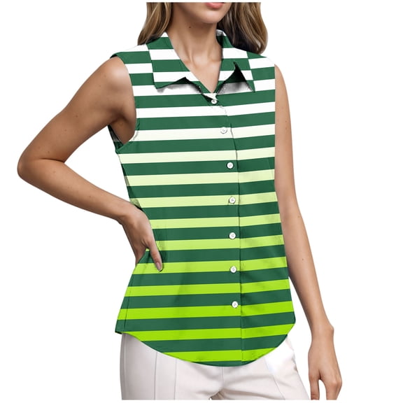 Jalioing Women's Work Tops Sleeveless Button Down Shirts Fashion Print Collared Blouses Dressy Casual Tank Shirt