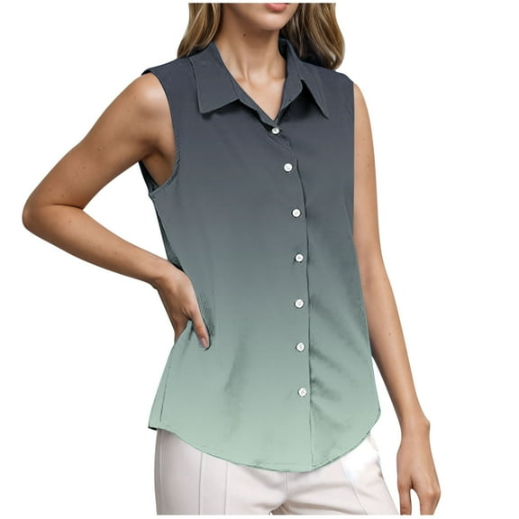 Jalioing Women's Work Tops Sleeveless Button Down Shirts Fashion Print Collared Blouses Dressy Casual Tank Shirt