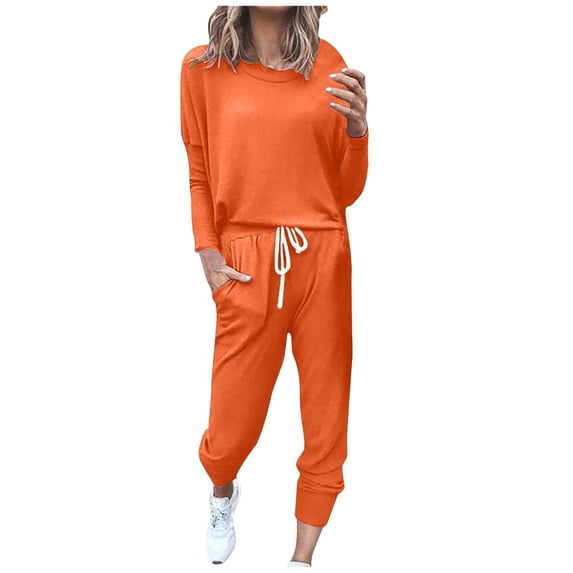 Jalioing Women's Workout Sets Solid Color Pullover Tops with Drawstring Elastic Waist Pocket Pant Baggy Suits (3X-Large, Orange)