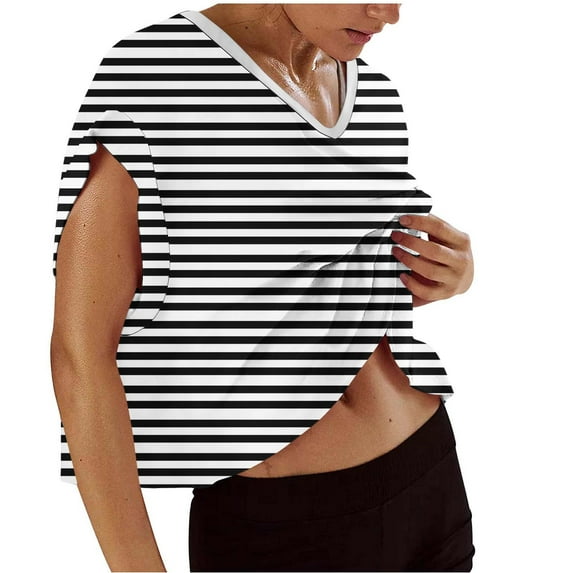 Jalioing Women's Workout Shirts Open Back Short Sleeve Athletic Tops Striped Loose Yoga Sport T Shirt Outfits