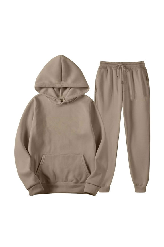 Womens 2 Piece Sweatsuit Outfits Solid Color Hoodies with Pockets Elastic Waist Sweatpants (Small, Khaki)