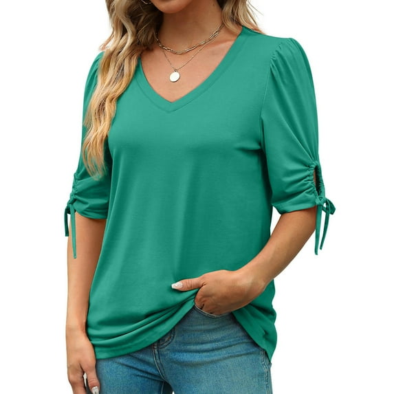 Jalioing Womens 3/4 Sleeve Blouse Notched V-Neck Shirt Top Solid Color Casual Pullover T-Shirt Tops (X-Large, Blue)