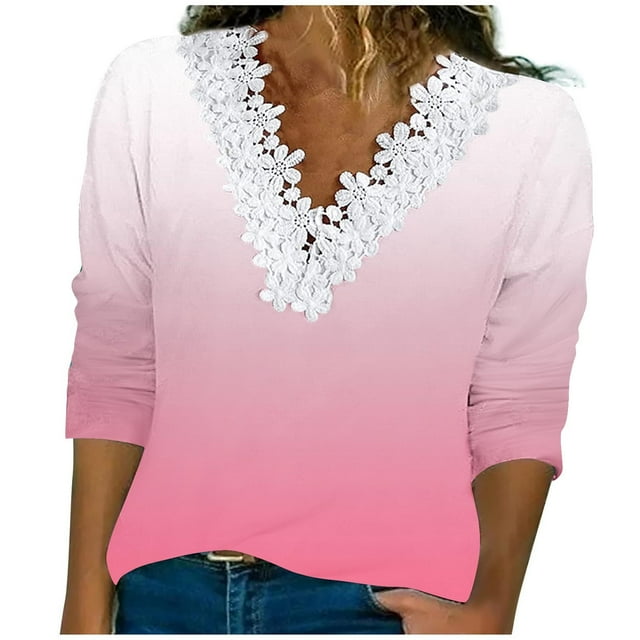 Jalioing Womens Basic Top Floral Trim Fall Shirt V-Neck Gradient Color Long Sleeve Casual Blouses