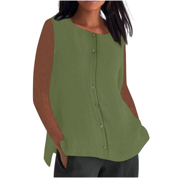 Jalioing Womens Button Down Tank Shirts Side Slit Crew Neck Loose Blouses Casual Sleeveless Summer Tops Clothes
