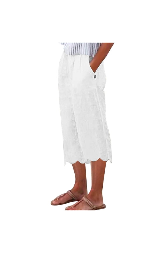 Womens Capris Fashion Ruffle Bottom Elastic Waist Cropped Pants Summer Casual Plain Capri Pants with Pocket