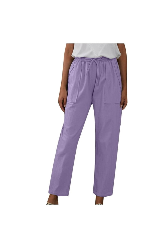 Womens Casual Cotton Linen Pants High Elastic Waist Drawstring Straight Pocket Pull-On Loose Leg Pants (X-Large, Purple)