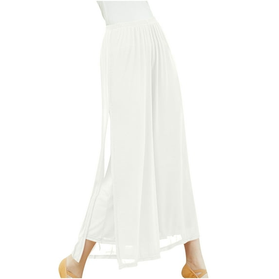Jalioing Womens Chiffon Pant Flowy Wide Leg Drape Straight Leg Lightweight High Waist Boho Yoga Pants (XX-Large, White)