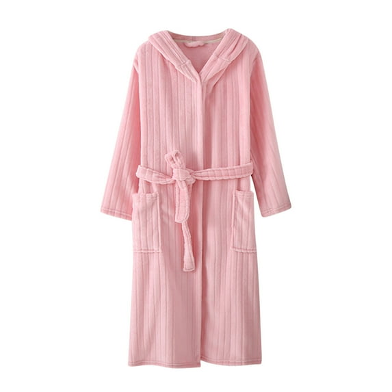 Jalioing Womens Flannel Nightgown Fuzzy Hooded Sleepwear Gowns Lace-Up Long Sleeve Velour Sleepshirt Robes (XX-Large, Pink)