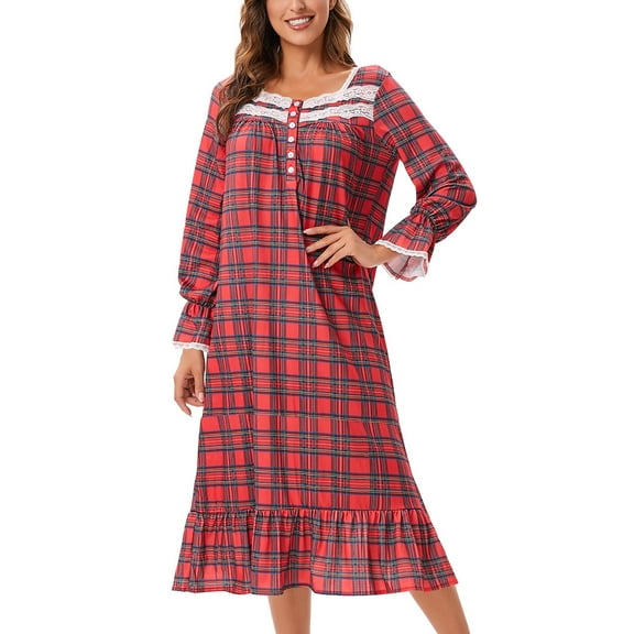 Jalioing Womens Full Length Nightdress Plaid Long Nightgown Loungewear Short Sleeve Pajamas Dress (Large, Red)