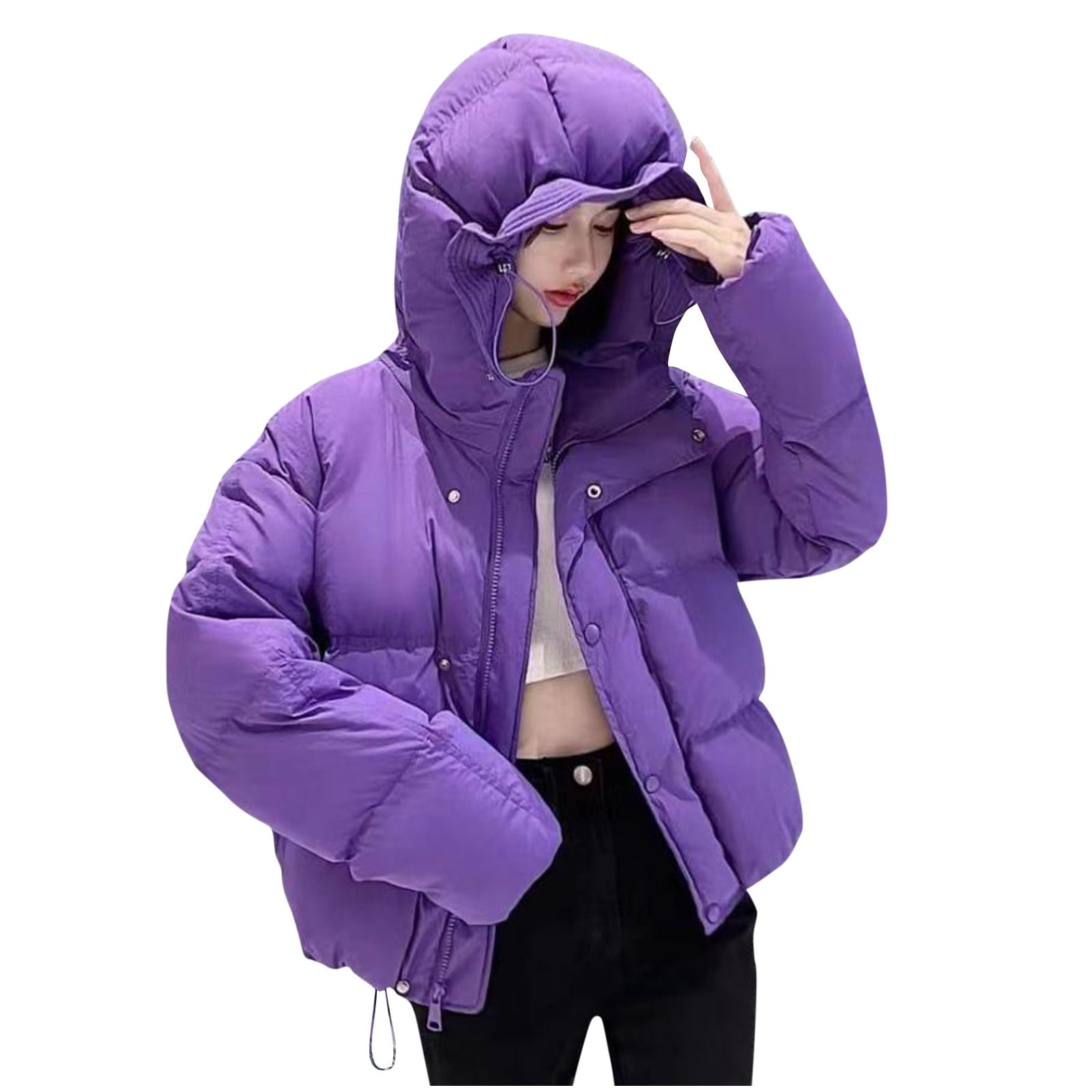 Jalioing Womens Hooded Puffer Jackets Long Sleeve Button Solid Color Short Thermal Cozy Winter Cotton Coats Large Purple Walmart