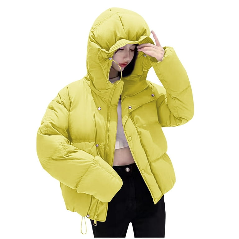Jalioing Womens Hooded Puffer Jackets Long Sleeve Button Solid Color Short Thermal Cozy Winter Cotton Coats X Large Yellow Walmart