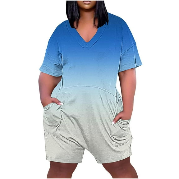 Jalioing Womens Jumpsuit Plus Size Short Sleeve V Neck Rompers Summer Casual One-Piece Short Overalls with Pocket