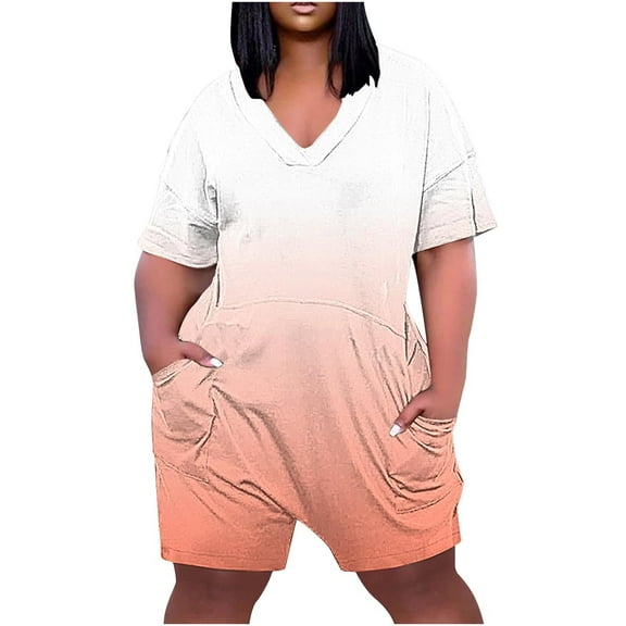 Jalioing Womens Jumpsuit Plus Size Short Sleeve V Neck Rompers Summer Casual One-Piece Short Overalls with Pocket