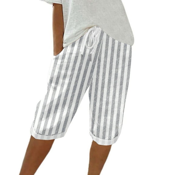 Jalioing Womens Knee Length Shorts Striped Drawstring Waist Summer Shorts Casual Loose Vacation Beach Short Pants