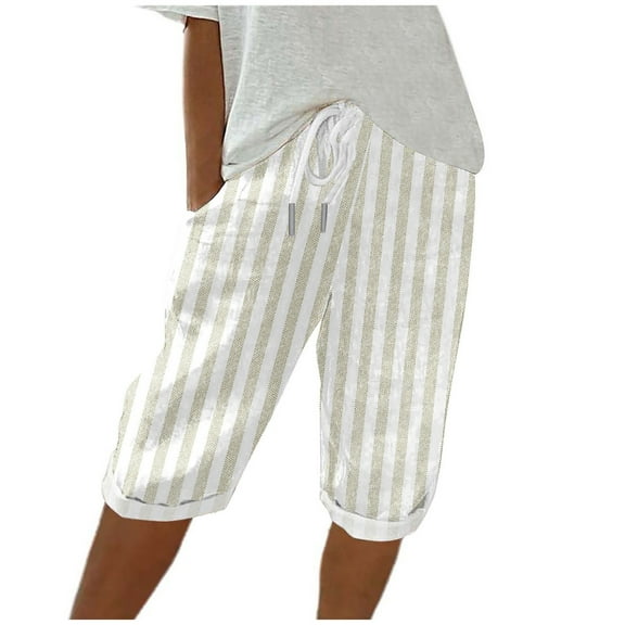 Jalioing Womens Knee Length Shorts Striped Drawstring Waist Summer Shorts Casual Loose Vacation Beach Short Pants