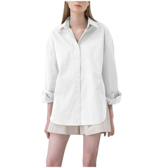 Jalioing Womens Lapel Shirts Solid Color Single-Breasted Split Side Hem Elegant Long Sleeve Tunics (X-Large, White)