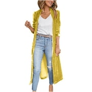 Jalioing Womens Long Cardigan Velour Long Sleeve Open Front Solid Color Velvet Dressy Elegant Trench Coat (X-Large, Yellow)