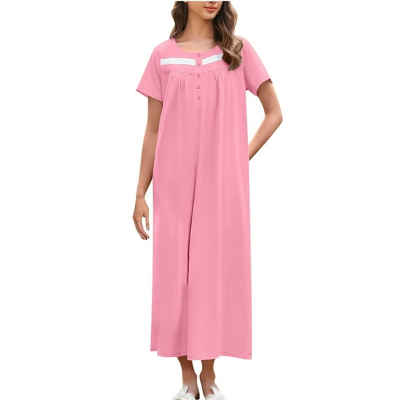 Jalioing Womens Long Nightgown Loose Crew Neck Button Up Sleep Dress Short Sleeve Comfy Casual Sleepwear