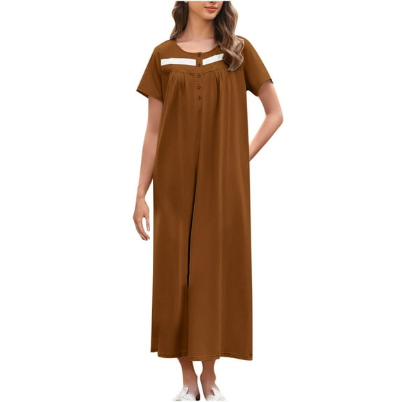 Jalioing Womens Long Nightgown Loose Crew Neck Button Up Sleep Dress Short Sleeve Comfy Casual Sleepwear