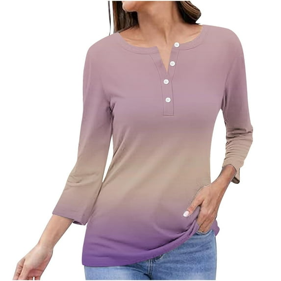 Jalioing Womens Long Sleeve Top Gradient Color Fall Shirt Crew Neck Button Plus Size Casual Tops