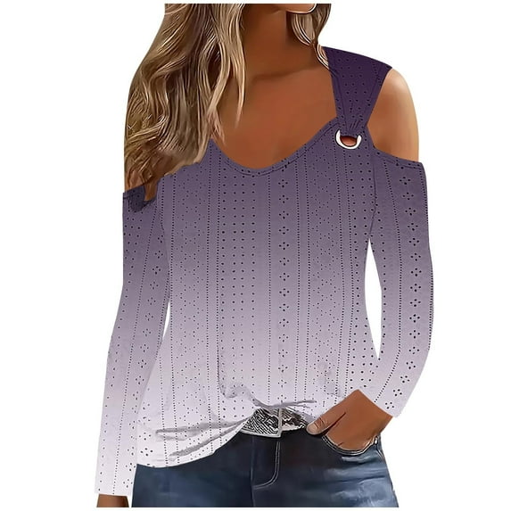 Jalioing Womens Long Sleeve Top Gradient Color Shirts Plus Size Cold Shoulder Chain Strap Tops
