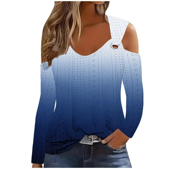 Jalioing Womens Long Sleeve Top Gradient Color Shirts Plus Size Cold Shoulder Chain Strap Tops