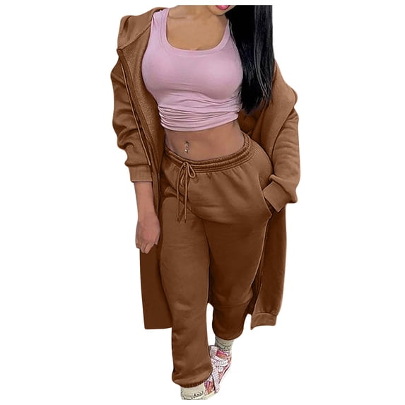 Jalioing Womens Long Sweatshirt Jacket Suits 2 Piece Sports Sets Long Sleeve Coats Warmth Trousers Solid Color Set (Small, Brown)