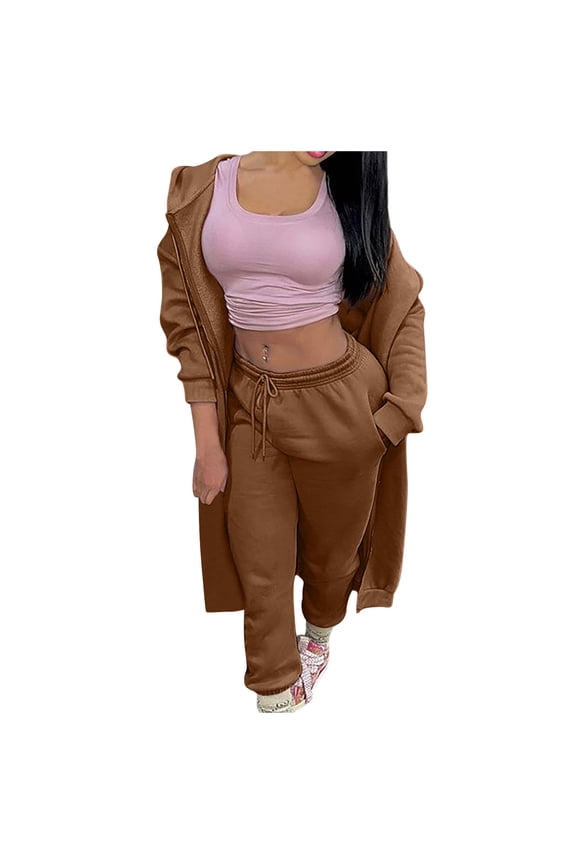 Womens Long Sweatshirt Jacket Suits 2 Piece Sports Sets Long Sleeve Coats Warmth Trousers Solid Color Set (Small, Brown)