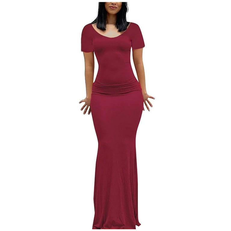 Jalioing Womens Maxi Tight Dress Short Sleeve Slim Long Dresses Round Neck Stretch Skinny Ruffle Sundress Walmart