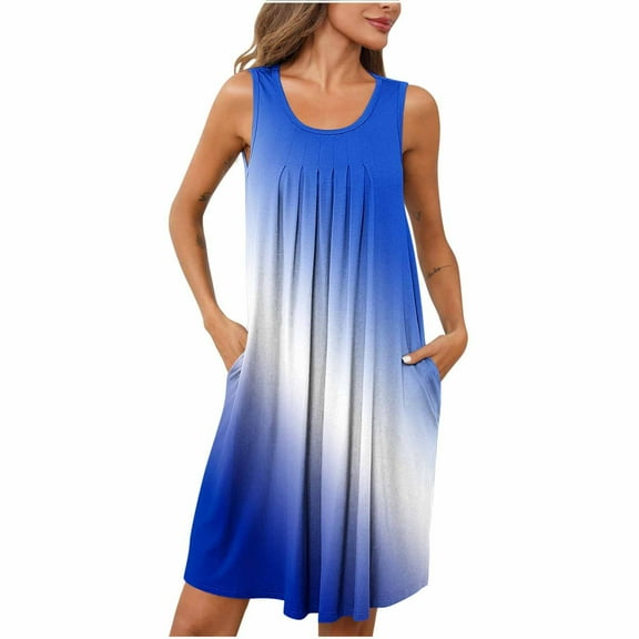 Jalioing Womens Nightgown with Pocket Sleeveless Scoop Neck Flowy Night Dress Pleated Print Sleep Dress Loungewear