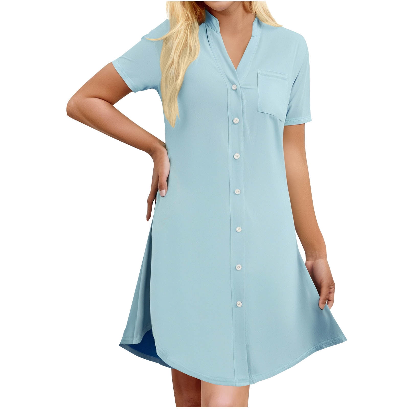 Navy Blue, Short-sleeve, Button-down Nightshirt Or Sleep Dress