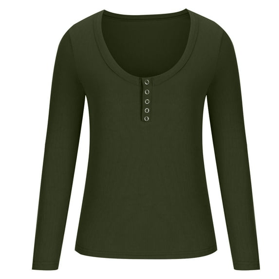 Jalioing Womens Plus Size Ribbed Undershirt Button Crew Neck Pullover Top Long Sleeved Slim Bottom Shirt (Large, Army Green)