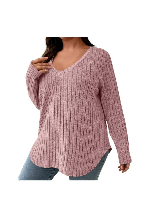 Womens Pullover Top Long Sleeve Ribbed Knit Shirt V-Neck Loose Casual Plus Size Tops