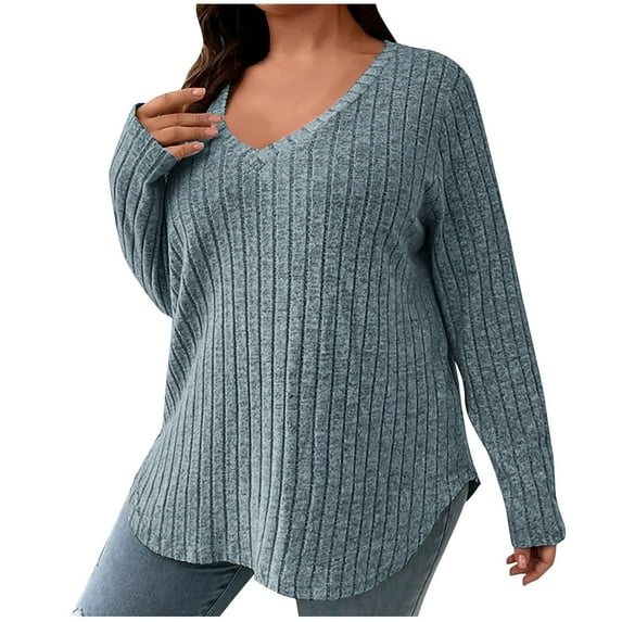 Jalioing Womens Pullover Top Long Sleeve Ribbed Knit Shirt V-Neck Loose Casual Plus Size Tops