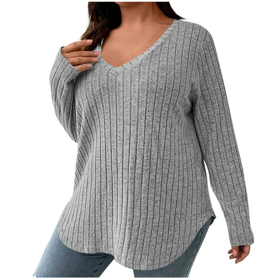 Jalioing Womens Pullover Top Long Sleeve Ribbed Knit Shirt V-Neck Loose Casual Plus Size Tops