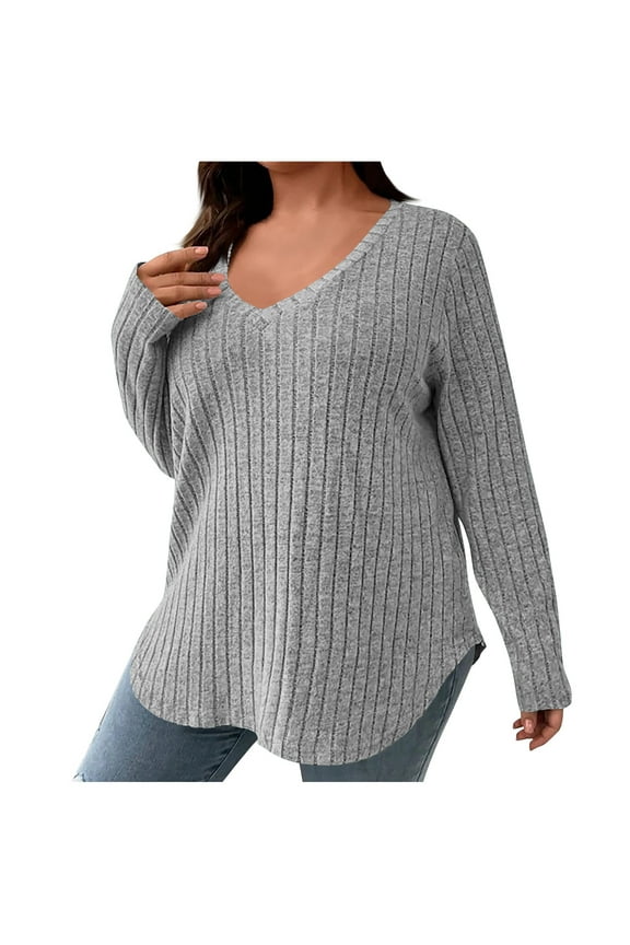 Womens Pullover Top Long Sleeve Ribbed Knit Shirt V-Neck Loose Casual Plus Size Tops