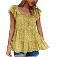 thumbnail image 1 of Jalioing Womens Ruffle Short Sleeve Blouse Smocked Square Neck Tunic Top Floral Print Summer Ruffled Shirts, 1 of 7