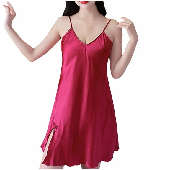 Jalioing Womens Satin Nightgown Spaghetti Strap Slip Dress Loungewear Loose Comfy V Neck Sleeveless Nightdress