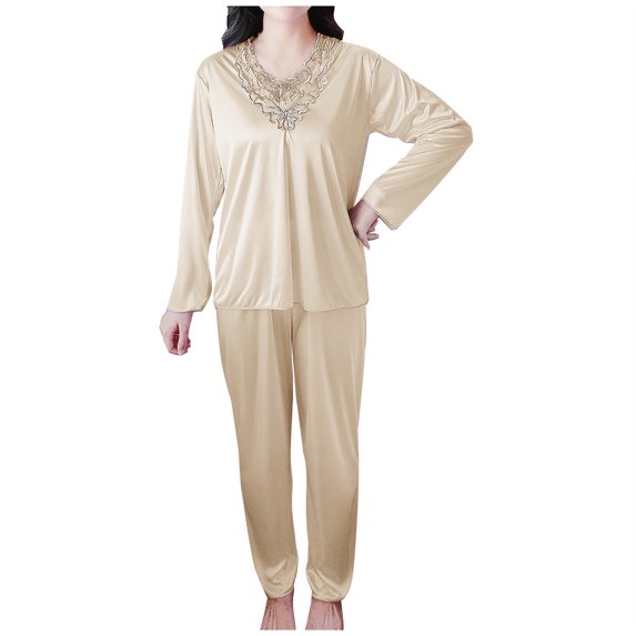 Jalioing Womens Satin Pajama Set 2 Piece Long Sleeve Lace V Neck Shirt and Pants Silk Sleepwear Set M-3XL