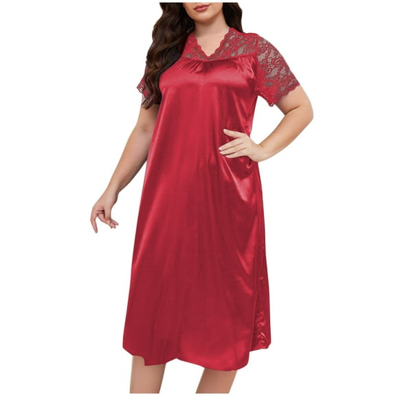 Jalioing Womens Satin Sleep Dress Plus Size Lace V Neck Short Sleeve Nightgown XL-5XL Summer Pajama Dress Sleepwear