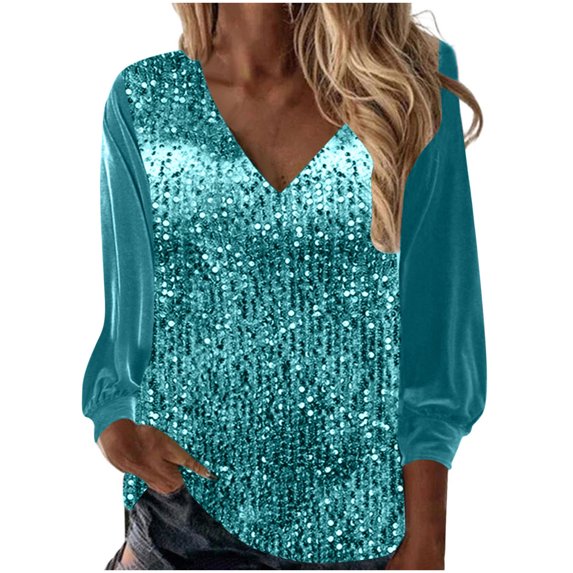 Jalioing Womens Sequin Blouse V-Neck Fashion Tunic Top Patchwork Long Sleeved Sparkly Dressy Shirt (3X-Large, Sky Blue)