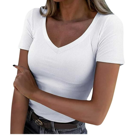 Jalioing Womens Short Sleeve V Neck Tops Solid Color Ribbed Knit Casual Tee Summer Fashion Slim Basic Shirts