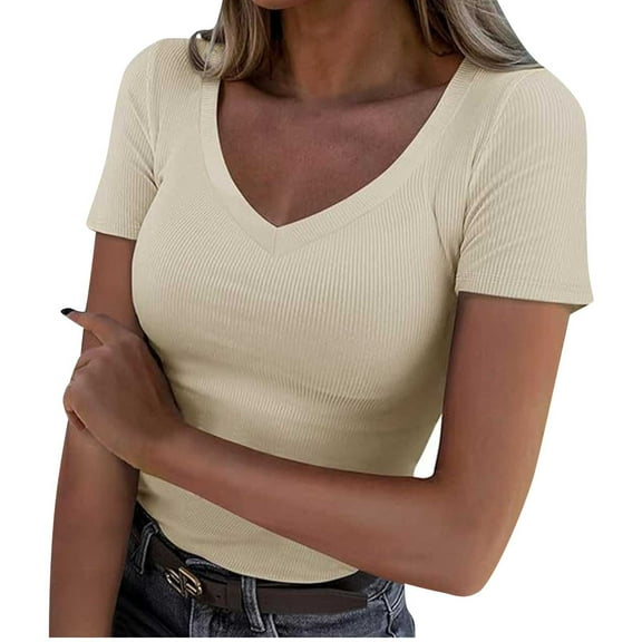 Jalioing Womens Short Sleeve V Neck Tops Solid Color Ribbed Knit Casual Tee Summer Fashion Slim Basic Shirts