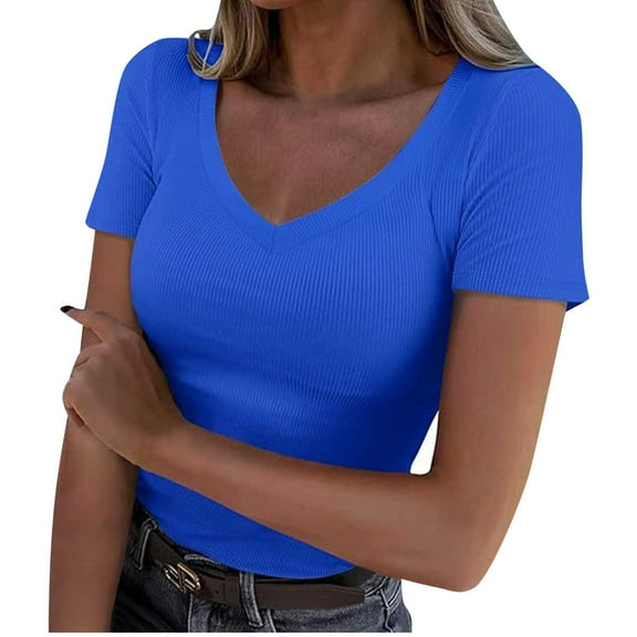Jalioing Womens Short Sleeve V Neck Tops Solid Color Ribbed Knit Casual Tee Summer Fashion Slim Basic Shirts